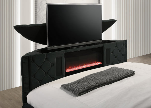 English Elm Luxurious King Size Bed Set With Tufted Black Velvet, Tv Lift, Electric Fireplace & Nightstands B2741S00121