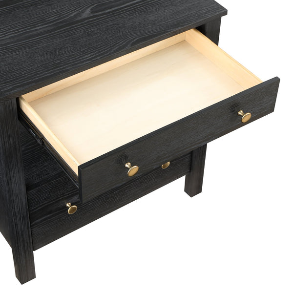 English Elm Danielle Modern 2-Drawer Nightstand in Black Oak Veneer with Gold Knobs, Smooth Glides & Shelf B050P376972