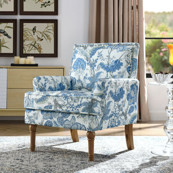 English Elm Accent Slipper Chair Botanical Tapestry Upholstery Nailhead Trim Solid Wood Legs Farmhouse Blue W5568P445699