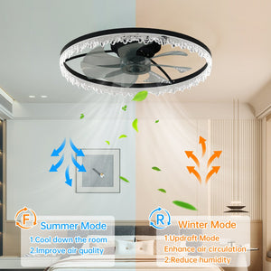 English Elm Luxury Crystal 24'' Flush LED Chandelier Fan with 5 Invisible Blades, Remote & App Control, Dimmable 3000-6500K Timer W2312P368703