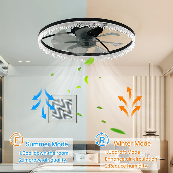 English Elm Luxury Crystal 24'' Flush LED Chandelier Fan with 5 Invisible Blades, Remote & App Control, Dimmable 3000-6500K Timer W2312P368703