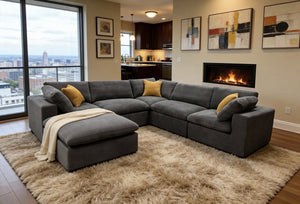 English Elm Coffee Bean Basket Weave Modular Sectional Foam Compressed with Toss Pillows Included Light Gray B2748S00069