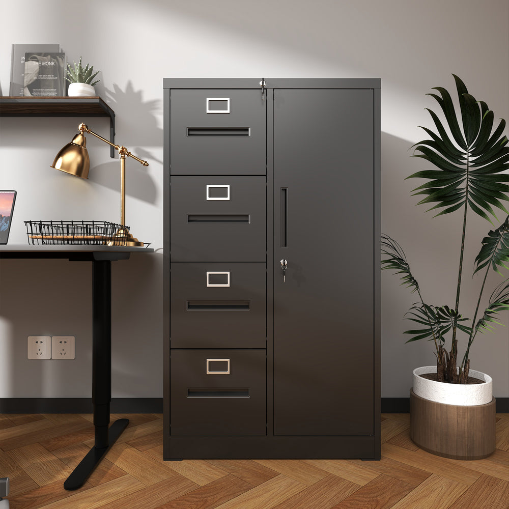 English Elm Metal Storage Vertical Filing Cabinet with 4 Drawers and Side Wardrobe, Steel Ball-Bearing Suspension, Secure Locking Organizer for Home Office and Bedroom Black T2398P272100