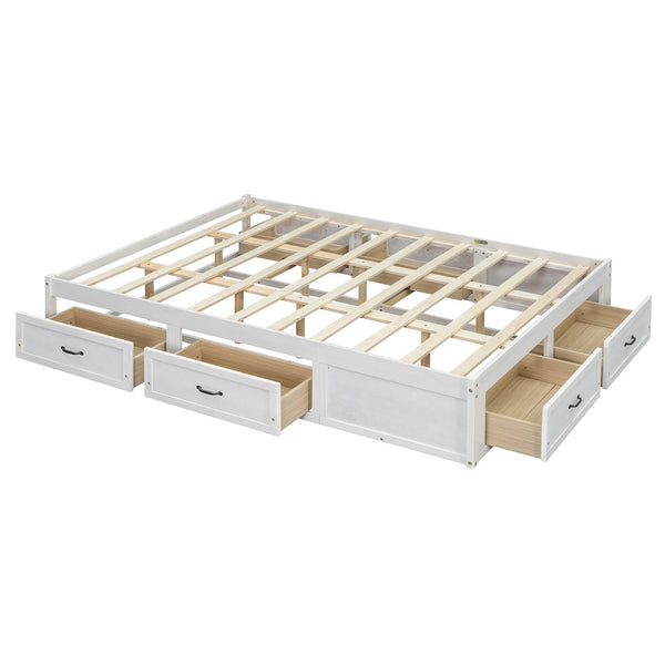English Elm Queen Platform Bed with Six Storage Drawers Low Profile Frame for Modern Bedrooms Antique White N708P263022K-1
