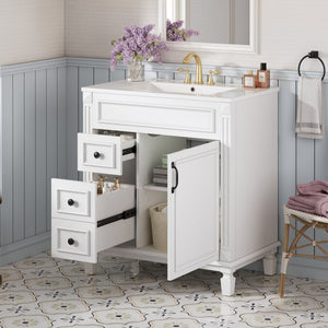 English Elm 30" French-Inspired Bathroom Vanity With Ceramic Sink & Dual Drawers - Elegant Storage Solution! N710P323328K