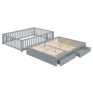 English Elm Full Size Pinewood Kids Daybed with Fence Rails Split Floor Bed and Storage Drawers Gray LP100882AAE