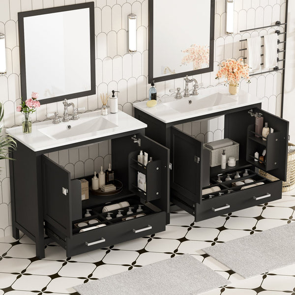English Elm 72" Black Bathroom Vanity Set with Double Ceramic Sinks, Soft-Close Doors, Divided Drawer, Ample Storage and Solid Wood Frame for Durable Modern Style N729P000006B