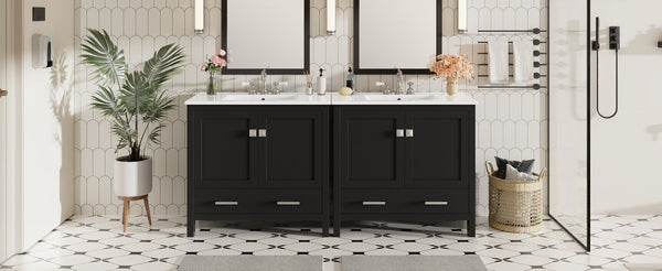 English Elm 72" Black Bathroom Vanity Set with Double Ceramic Sinks, Soft-Close Doors, Divided Drawer, Ample Storage and Solid Wood Frame for Durable Modern Style N729P000006B