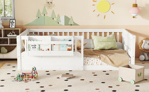 English Elm Twin Low Profile Kids Floor Bed Pine Wood Frame with Safety Rail and Built in Bookshelf White W1580P373134