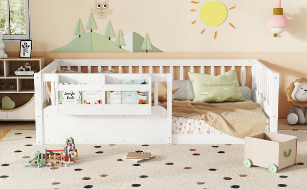 English Elm Twin Low Profile Kids Floor Bed Pine Wood Frame with Safety Rail and Built in Bookshelf White W1580P373134