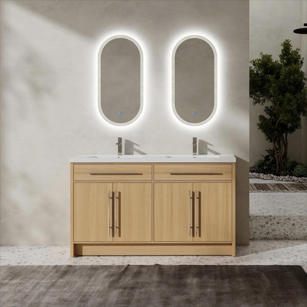English Elm 60" Freestanding Bathroom Vanity with Dual Resin Sinks, Spacious Soft-Close Cabinet Storage, Durable Finish Oak W1972S00026