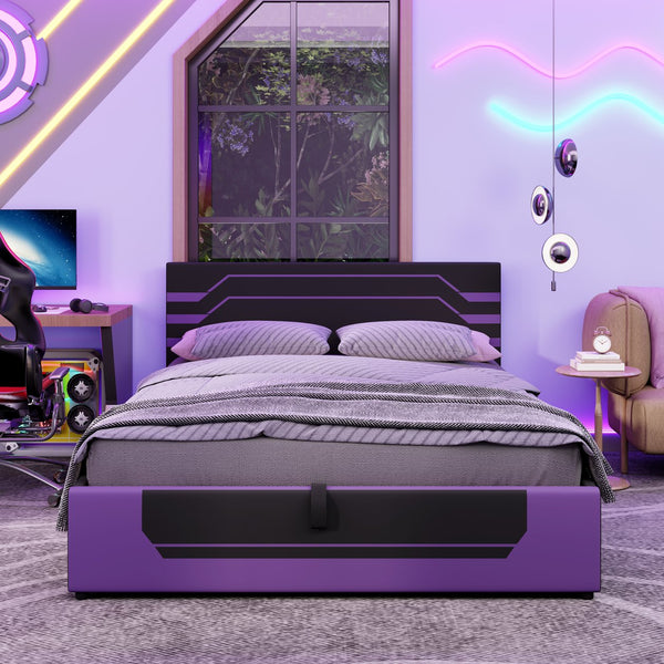 English Elm Modern Cyberpunk Queen Platform Bed Hydraulic Storage Pu Upholstered Gaming Frame Purple+Black SF000205AAI