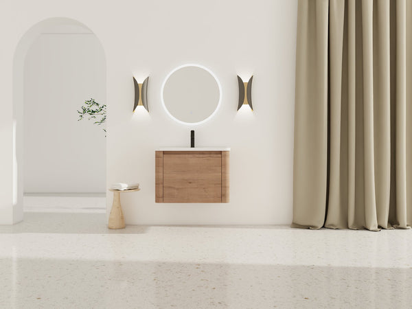 English Elm 28'' Wall-Mounted Bathroom Vanity with Ceramic Sink, Soft-Close Door, Plywood Durability & Space-Saving Design Imitative Oak W999P317929