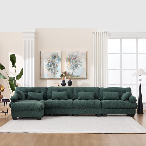 English Elm Modular Cloud Sofa Deep Seat Flannelette Sectional with Round Armrests for Living Room Green W2120S00047
