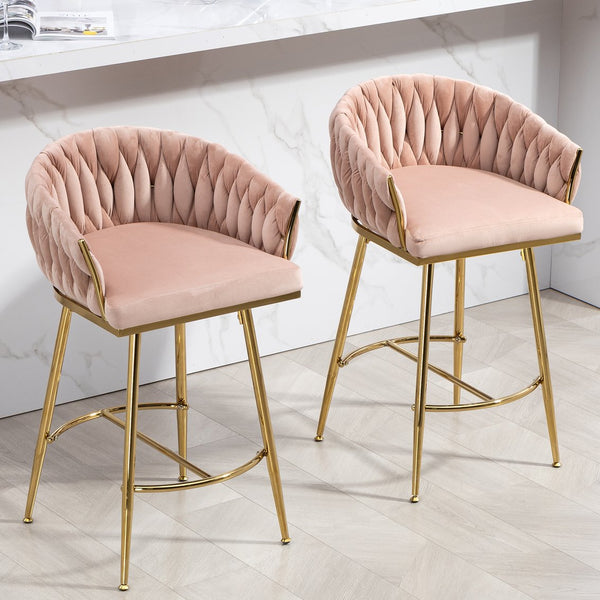 English Elm 26'' Plush Velvet Counter Stools Set of 2 with Adjustable Metal Legs, Gold Chrome Base & Footrest, Pink Luxury Seating W2215P184990