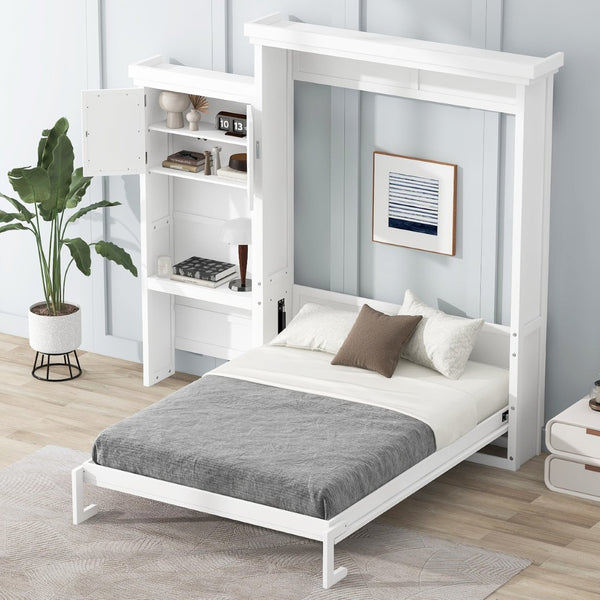 English Elm Queen Size Murphy Bed With Stylish Louvered Design, Multi-Storage Shelves, And Elegant White Finish N7090004018K-GIGA