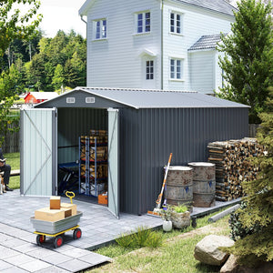 English Elm Campcraft Metal Storage Shed 10x14 Ft with Lockable Doors Vented Sloped Roof Backyard W1598S00035