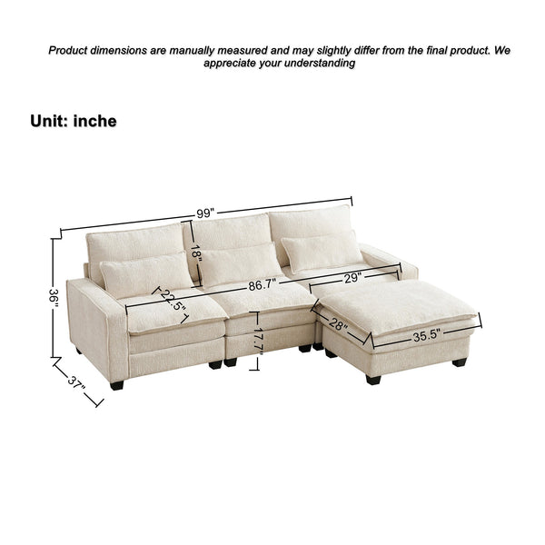 English Elm 99'' Sectional Cloud Deep Seat Couch - Plush Chenille 4-Seat L-Shaped Sofa with Movable Ottoman, Stain-Resistant Comfort and Ergonomic Lumbar Support Beige W3373S00023