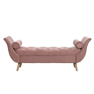 English Elm Upholstered Velvet Tufted Bench with Bolster Pillows Solid Oak Legs Bedroom Entryway Pink N761P304407H
