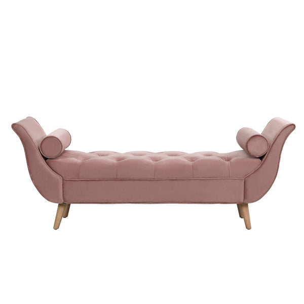 English Elm Upholstered Velvet Tufted Bench with Bolster Pillows Solid Oak Legs Bedroom Entryway Pink N761P304407H
