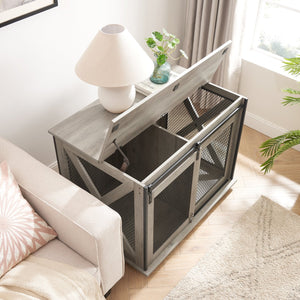 English Elm Farmhouse Dog Cage Crate Furniture with Sliding Barn Door, Secure Metal Latch, Flip-Up Top Access and Removable Divider for Small to Large Dogs (40.94x30.51x6.69) Gray Wash W2275P164727