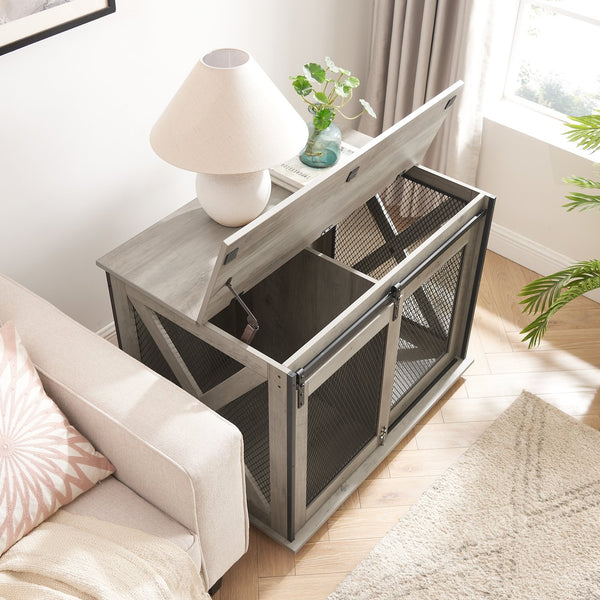 English Elm Farmhouse Dog Cage Crate Furniture with Sliding Barn Door, Secure Metal Latch, Flip-Up Top Access and Removable Divider for Small to Large Dogs (40.94x30.51x6.69) Gray Wash W2275P164727