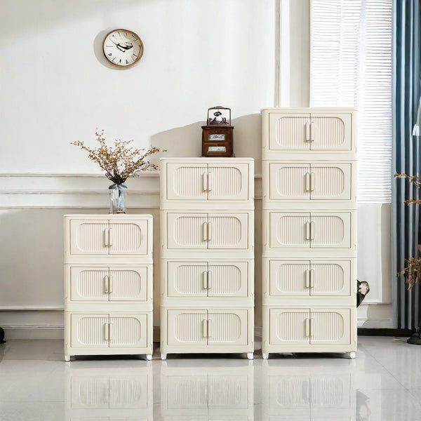 English Elm Cream White 5-Tier Folding Storage Cabinet With Magnetic Door & Wheels – Versatile Space-Saving Solution W2873P239386