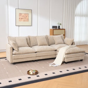 English Elm Beige Chenille Sectional Sofa with Modular Ottoman for Living Room or Studio Coffee W2603S00002