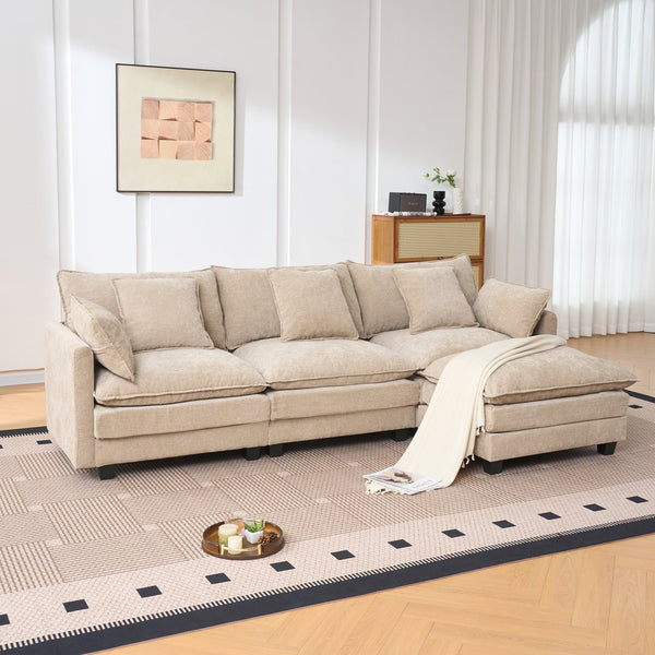 English Elm Beige Chenille Sectional Sofa with Modular Ottoman for Living Room or Studio Coffee W2603S00002