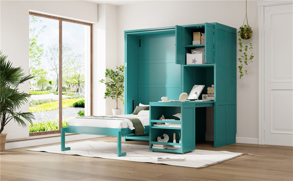 English Elm Twin Size Rotating Murphy Bed With Integrated Bookshelf, Extendable Desk & Stylish Storage Solutions N820S00066C-GIGA