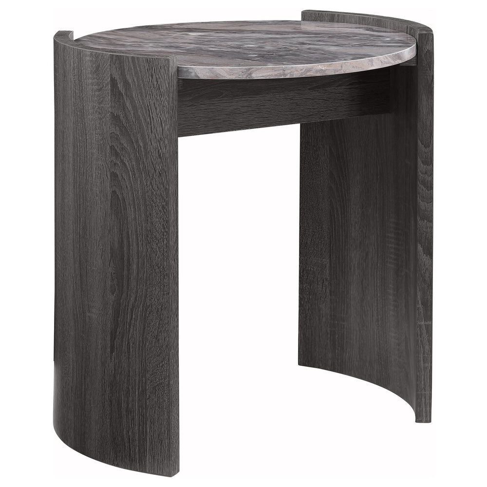 English Elm Zende Round Faux Marble End Table with Distressed Finish for Modern Living Spaces B062P441332