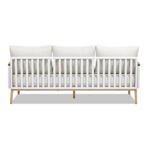 English Elm Jennifer Taylor Home - Calarono Teak & Aluminum 2pc Outdoor Sofa + Coffee Table Set in Sand Dune Chenille — Durable, UV‑Resistant Comfort and Modern Slatted Design B2719P320845