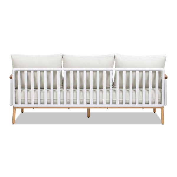 English Elm Jennifer Taylor Home - Calarono Teak & Aluminum 2pc Outdoor Sofa + Coffee Table Set in Sand Dune Chenille — Durable, UV‑Resistant Comfort and Modern Slatted Design B2719P320845