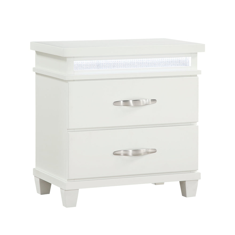 English Elm White 2-Drawer Nightstand with LED Lighting, Modern Bedroom Furniture, Compact 26"x16"x26.5" Storage Bliss B011P250823