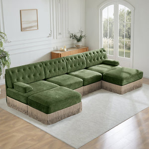 English Elm 4-seater Modular Sectional with Ottomans Tufted Fleece Sofa Tassel Skirt Retro Luxe Green W714S01714