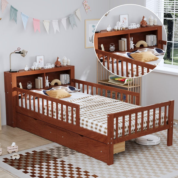 English Elm Twin Bed With Walnut Finish, Headboard Storage, Two Under-Bed Drawers & Safety Guardrails For Kids N733P272374D-GIGA