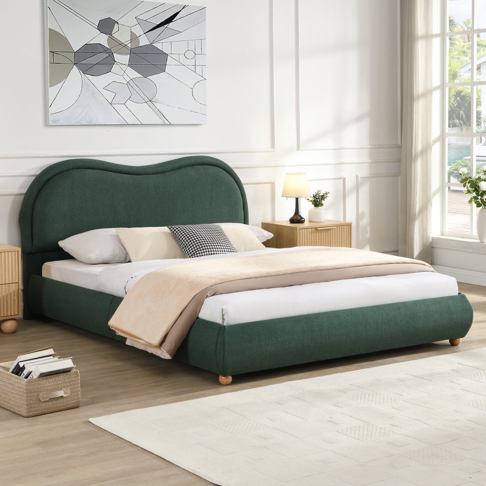 English Elm Queen Chenille Upholstered Curved Headboard Platform Bed with Oak Legs Solid Wood Slats W1716P428272