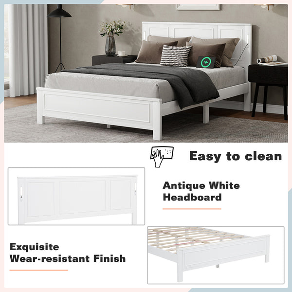 English Elm Queen Pinewood Platform Bed Farmhouse Tall Panel Headboard with Led Lighting and Usb Ports White W504P391091