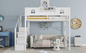 English Elm Full Size Loft Bed With Integrated Wardrobe, Stairs, House-Shaped Guardrails & Space-Saving Design W2593S00037