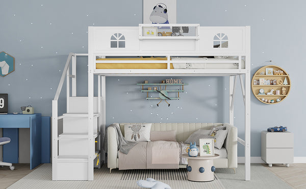 English Elm Full Size Loft Bed With Integrated Wardrobe, Stairs, House-Shaped Guardrails & Space-Saving Design W2593S00037