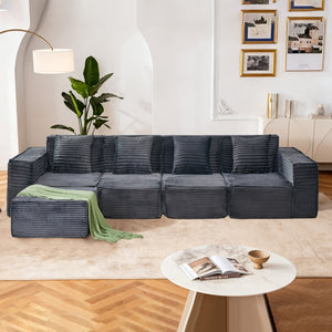 English Elm L-shaped Modular Sectional with Ottoman Corduroy Upholstery Four Seat Living Room Sofa Dark Gray W2699S00092