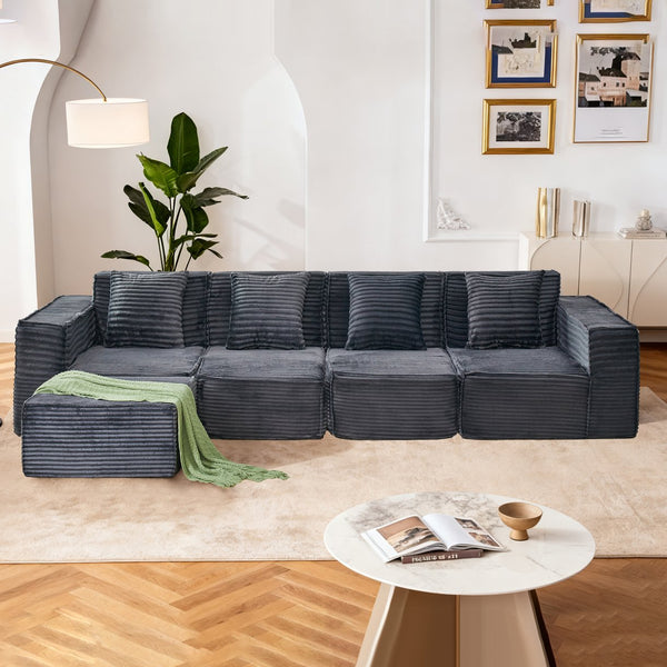 English Elm L-shaped Modular Sectional with Ottoman Corduroy Upholstery Four Seat Living Room Sofa Dark Gray W2699S00092