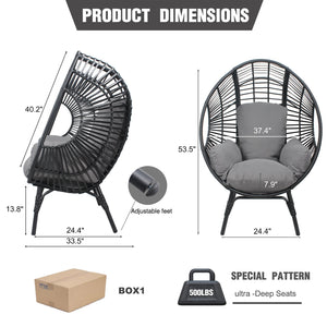 English Elm New PE Wicker Egg Chair with Ergonomic High-Front Low-Back Design, Weather-Resistant Rattan & Plush Cushion Comfort Black+ Gray W400P241060