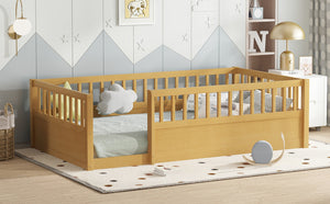 English Elm Twin Montessori Floor Bed Frame for Kids – Pine Playroom Bed with Fence for Reading & Imaginative Play Natural W1580P307880