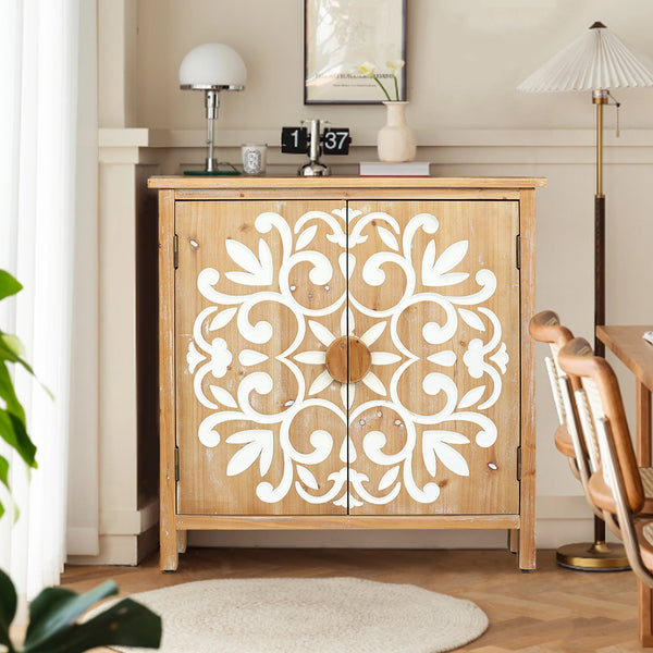 English Elm Rustic Wooden Accent Cabinet with Floral Carved Doors, Antique Brown White, Sturdy 2-Door Storage for Entryway, Dining Room, Living Room W2295P365012