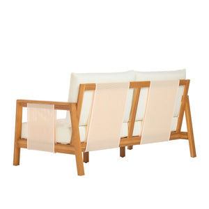 English Elm 2 Piece Outdoor Acacia Wood Loveseat and Coffee Table Set with Textilene Weave Cushions Brown,Teak+ Beige N768P368824T