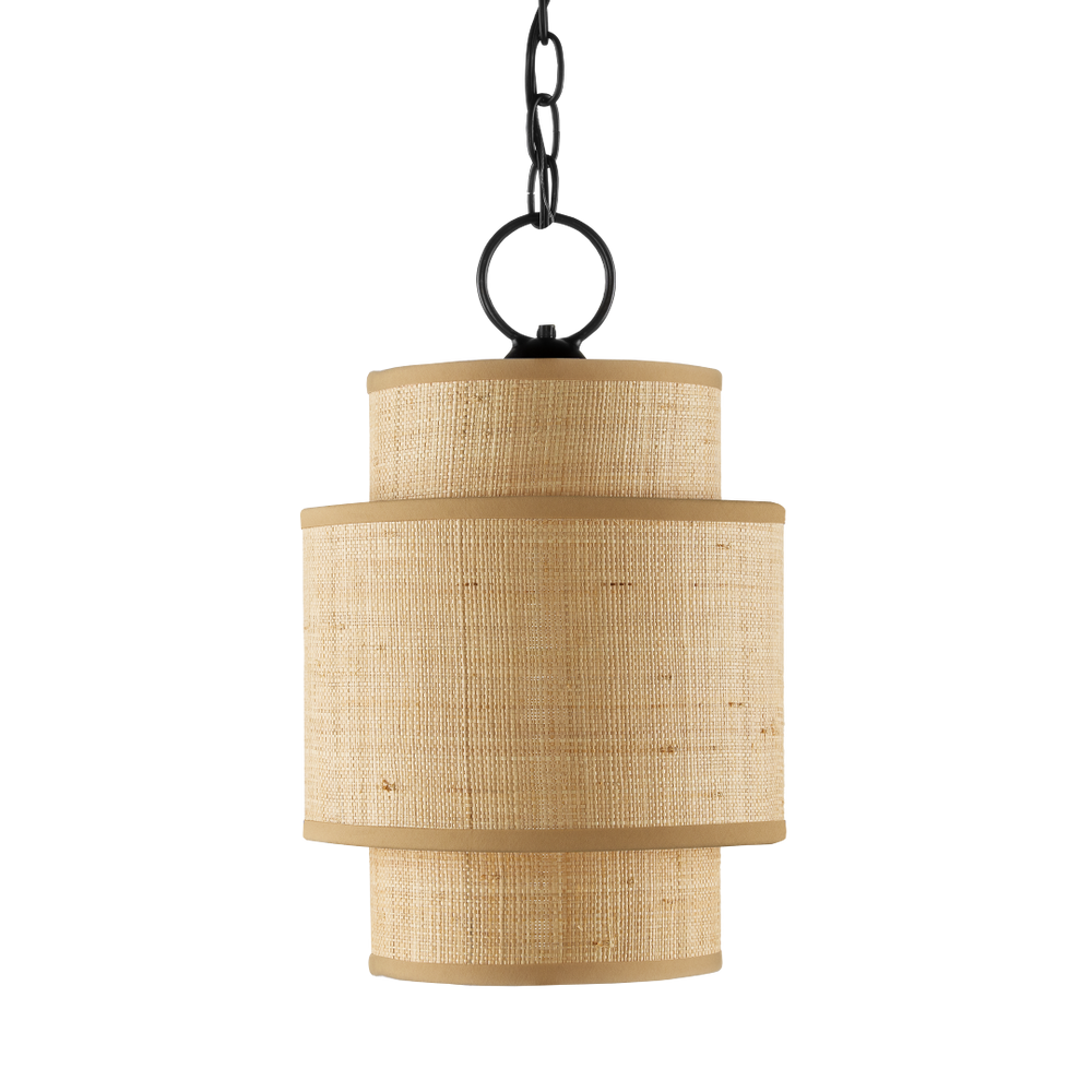 Mathias Natural Pendant Light – Mid-Century Modern Grasscloth Shade with Satin Black Metal Frame