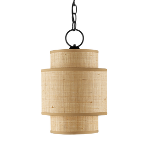 Mathias Natural Pendant Light – Mid-Century Modern Grasscloth Shade with Satin Black Metal Frame