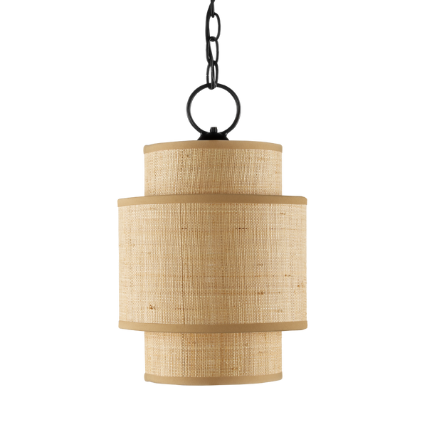 Mathias Natural Pendant Light – Mid-Century Modern Grasscloth Shade with Satin Black Metal Frame