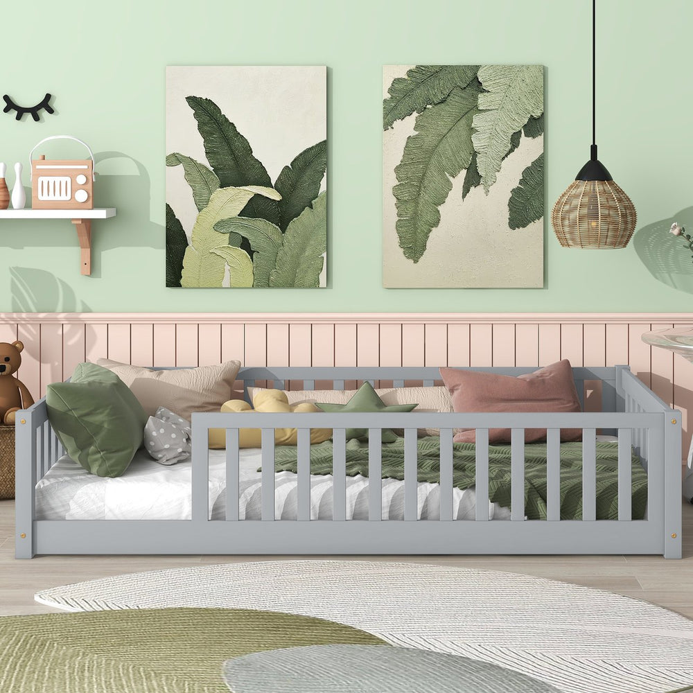 English Elm Twin Solid Rubberwood Floor Bed with Full Perimeter Safety Rails for Toddler Rooms Grey W504P296793